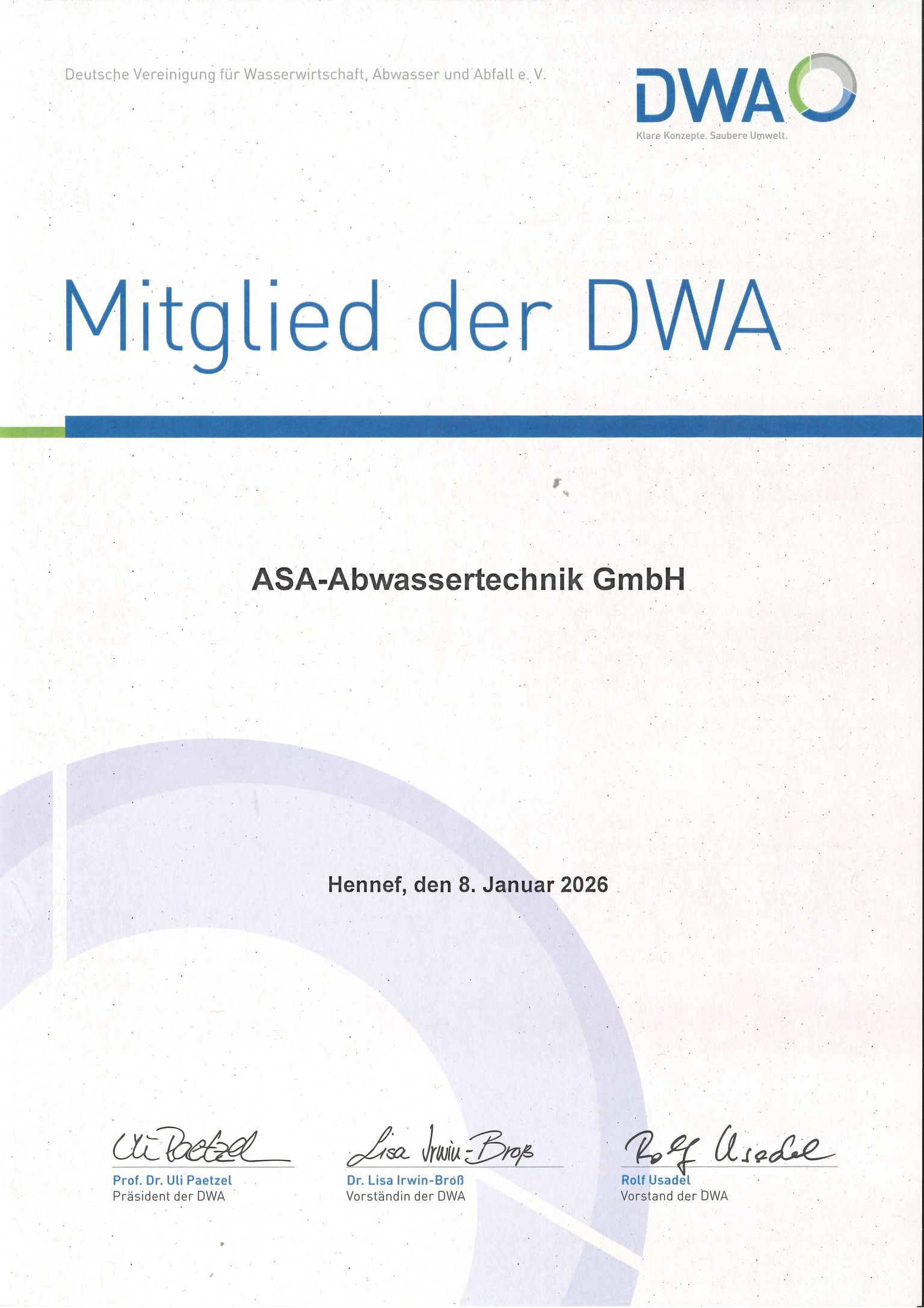 Deutsche Vereinigung für Wasserwirtschaft, Abwasser und Abfall e.V. - Mitglied der DWA