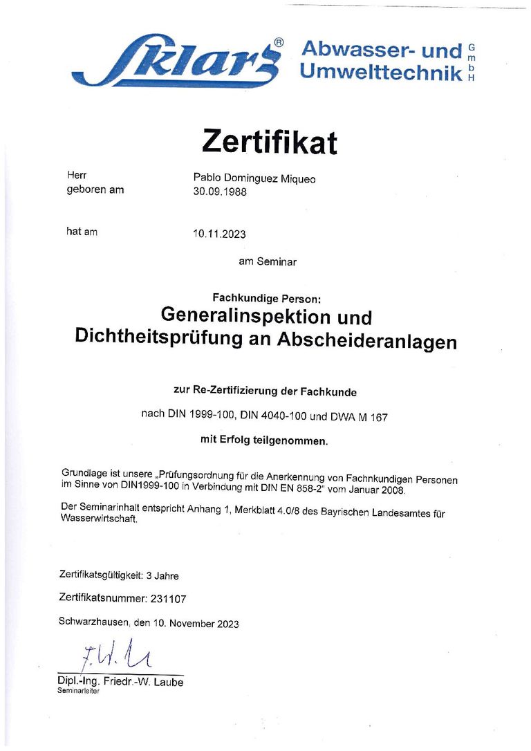 Sklarz Abwasser- und Umwelttechnik GmbH - Generalinspektion und Dichtheitsprüfung an Abscheideranlagen